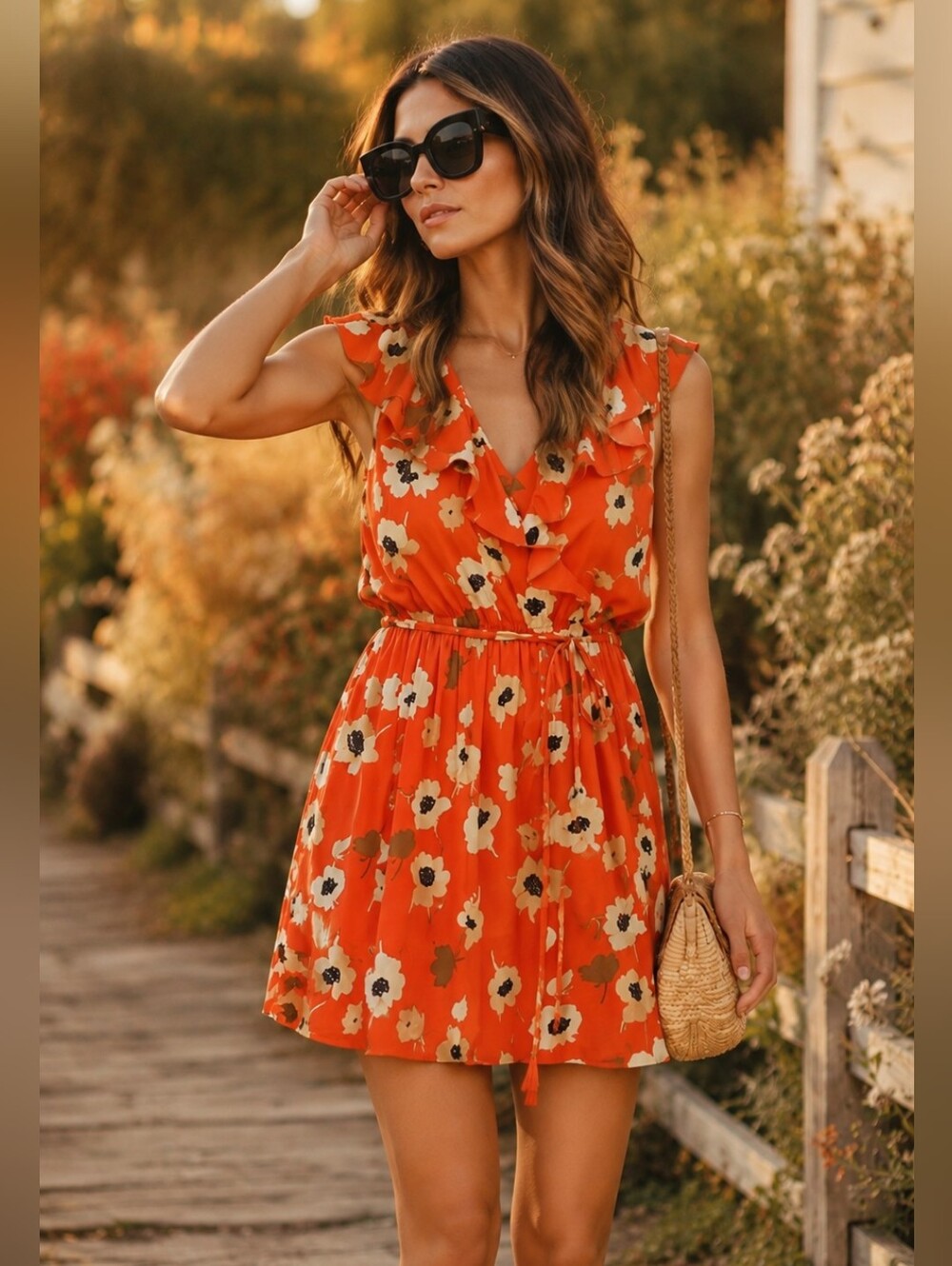Zara Orange Floral Ruffle Tie Waist Mini Dress XL
